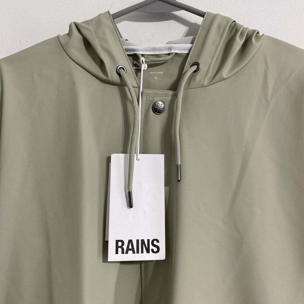 Rains Jacket Unisex Women's Men's L Cement Snap Front Short Hooded Coat NEW - Picture 2 of 16